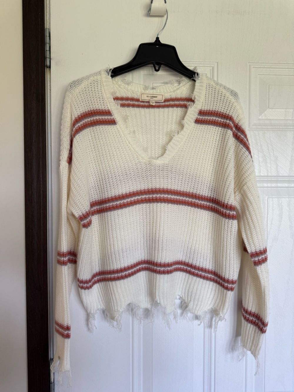 2 for $15 sale: No comment raw edge v-neck ivory and red stripes - M